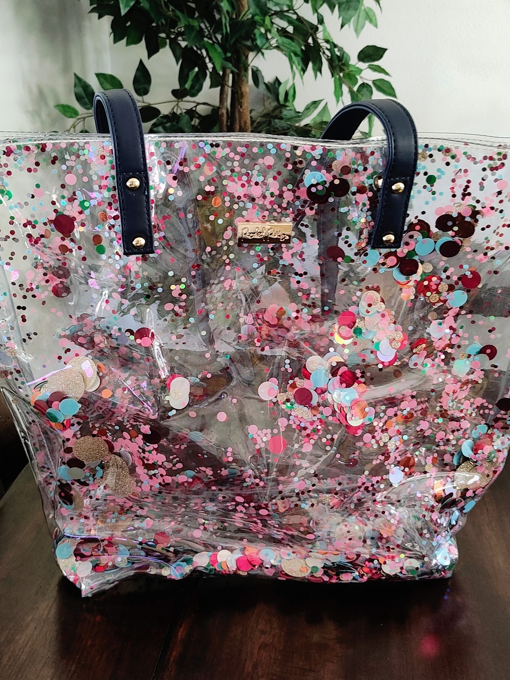 Clear Confetti Tote Bag with Navy Handles